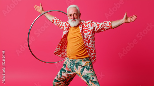 An elderly gray-haired man dressed in a hipster style, wearing a white Hawaiian shirt with red flowers and Bermuda shorts, spins a hula hoop against a red background. photo