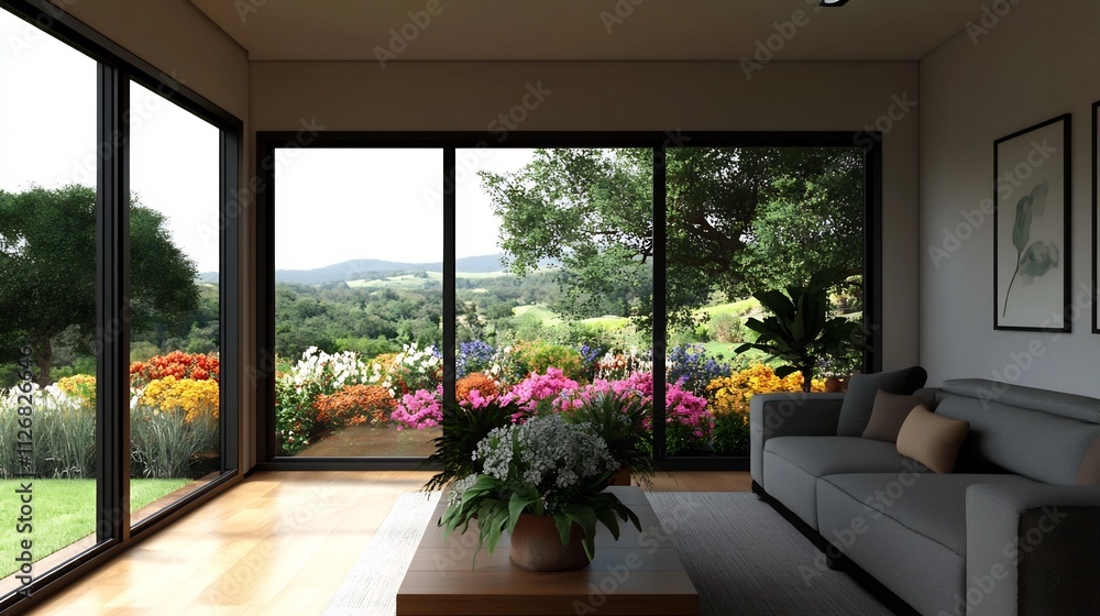 Fototapeta premium Cozy Modern Living Space with Vibrant Flower Garden Visible Through Expansive Windows