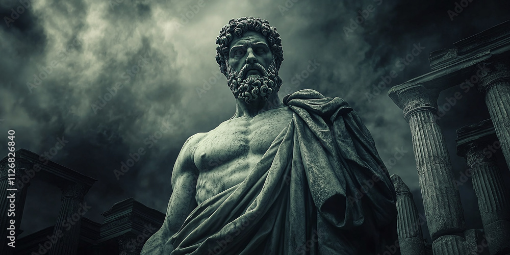 A Greek statue of a stoic thinker with a sorrowful expression, set against a dark background, reflecting classical philosophy and ancient artistry. A Greek statue of a stoic thinker with a sorrowful expression, set against a dark background, reflecting classical philosophy and ancient artistry.