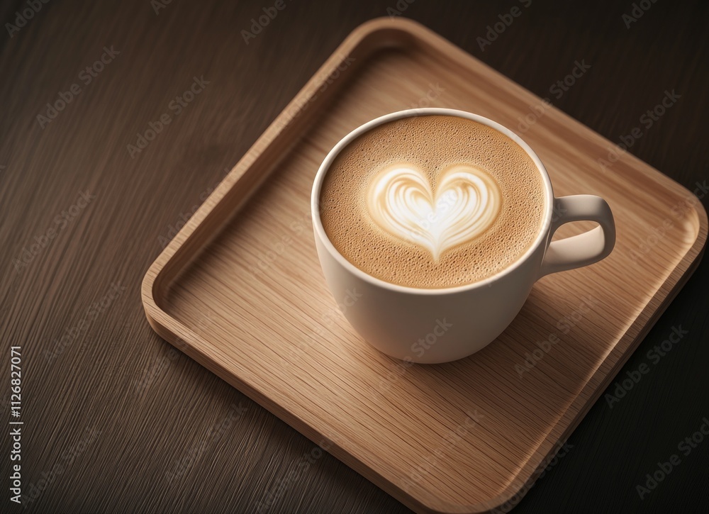 Heart Latte Art in a White Cup on a Wooden Tray Heart Latte Art in a White Cup on a Wooden Tray