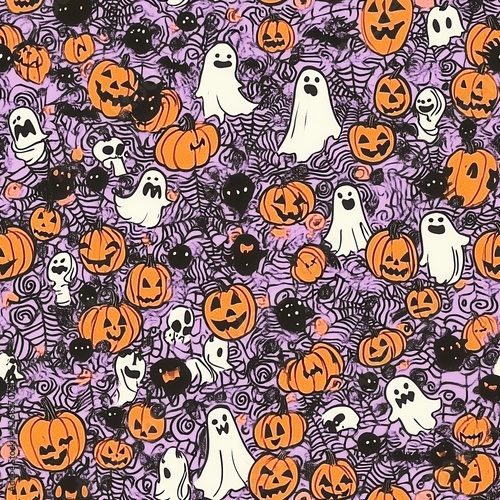 Colorful Halloween pattern with ghosts, pumpkins, and spooky elements on a purple background