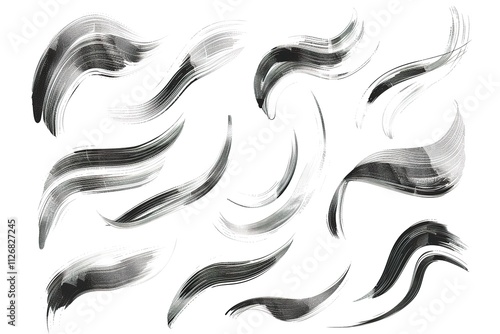 Vector Abstract black brush curl. Grunge brushstroke freehand ink decor. BlackVector and white engraved ink art. Isolated brush splash illustration element.
 photo