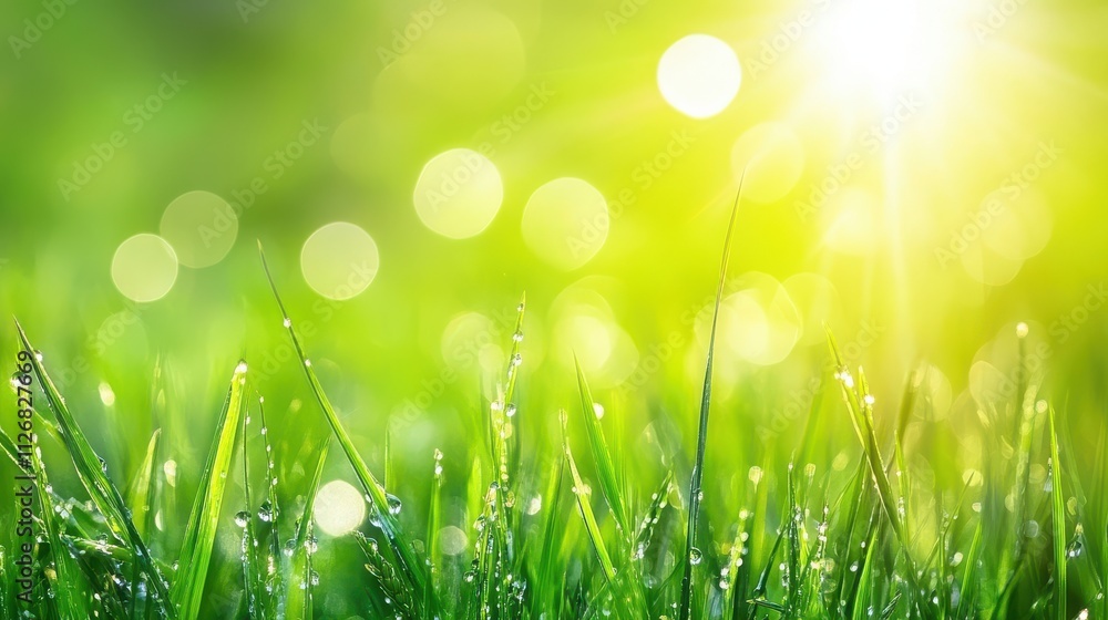 Fototapeta premium Fresh Green Grass with Dew Drops in the Morning Light, Glimmering Under the Sun, Nature Background, Soft Focus, Eco-friendly Environment, Vibrant Green Colors in Spring