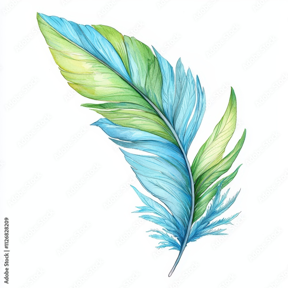 A vibrant watercolor illustration of a feather featuring shades of blue and green, showcasing intricate details and a flowing design. A vibrant watercolor illustration of a feather featuring shades of blue and green, showcasing intricate details and a flowing design.