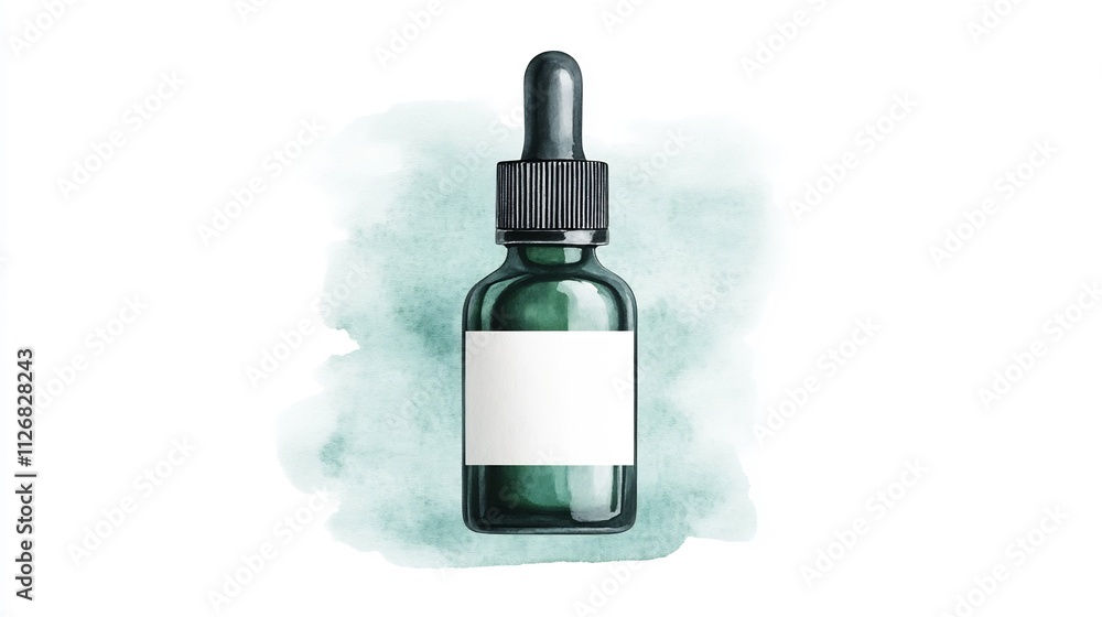 Watercolor of a Face Serum Bottle with Dropper on White Background Watercolor of a Face Serum Bottle with Dropper on White Background