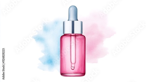 Watercolor of Elegant Face Serum Bottle with Dropper on White Background