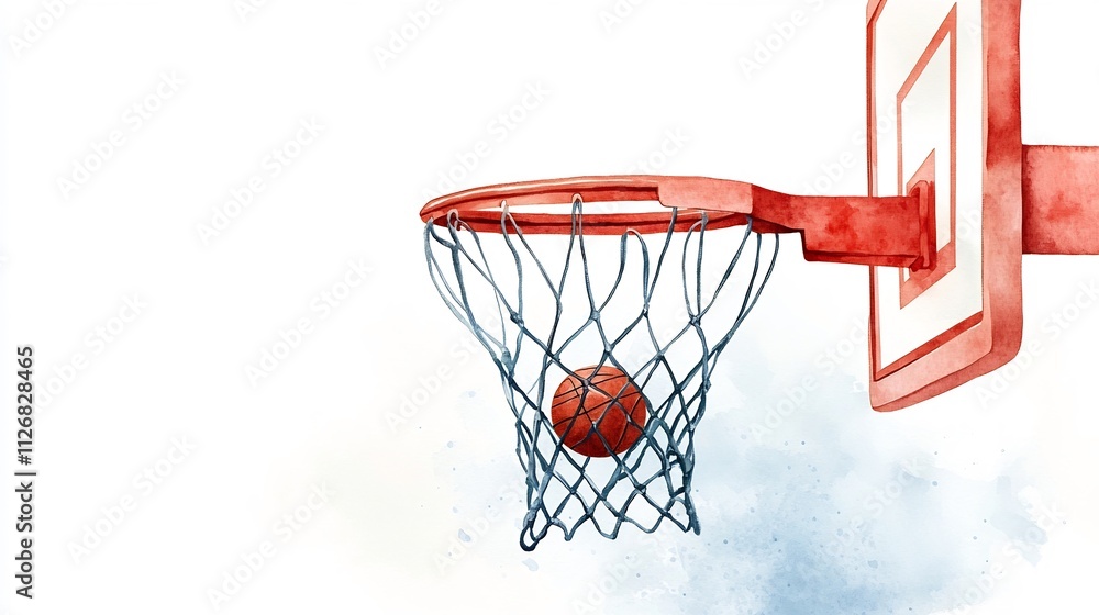 Watercolor of Basketball Hoop with Ball in Mid-Air on White Background Watercolor of Basketball Hoop with Ball in Mid-Air on White Background