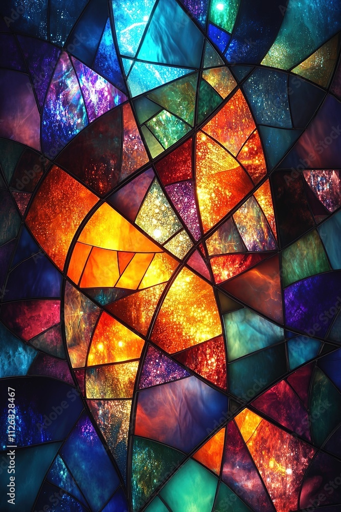 artistic blend of stained-glass textures and glowing light forms abstract religious shapes surrounded by ample copy