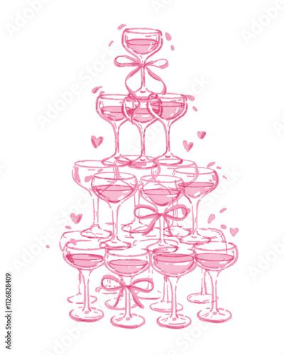 Champagne tower pink illustration, girly watercolor cocktail vector glass pyramid bachelorette party. Alcoholic drinks celebration print, wedding invitation design, margarita beverage. Champagne tower