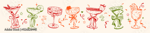 Christmas cocktail party set, vector New Year holiday alcohol drinks illustration doodle wineglass. Hand drawn coquettish celebration beverages, bar menu design whimsical print. Christmas cocktail