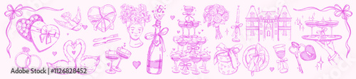 Coquettish wedding doodle set, vector watercolor hand drawn romantic love illustration, champagne. Anniversary elegant ribbon bow, Valentine sweets, flowers, glasses, rings. Wedding invitation doodle