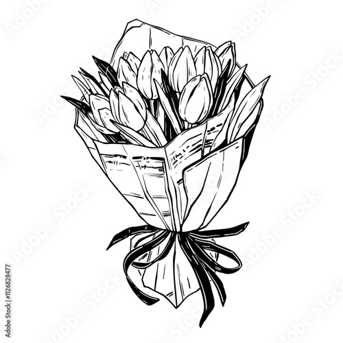 Tulip bouquet icon, flower line hand drawn illustration vector romantic Valentine day bride surprise. Floral doodle clipart, blossom bunch love botanical graphic, ribbon bow. Tulip bouquet elegant art