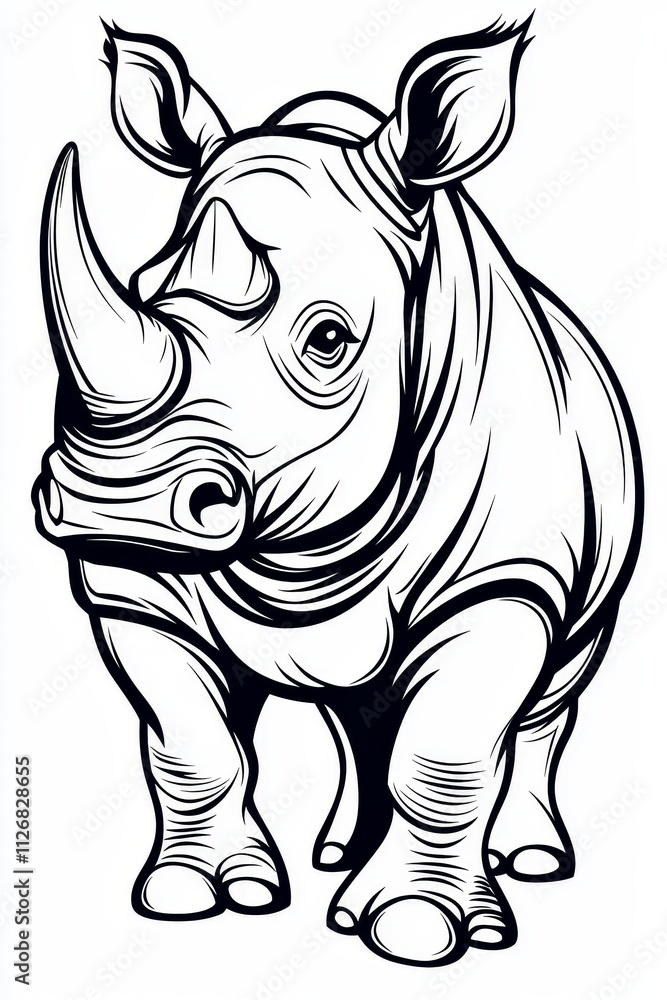 Fototapeta premium Powerful Rhino Illustration Black and White Line Art