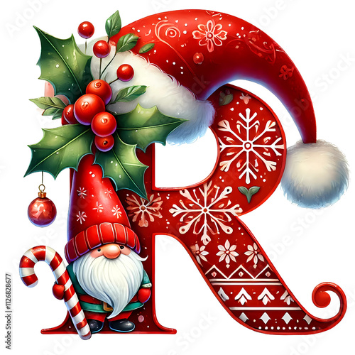Festive Christmas Letter R with Holiday Decorations, Santa Hat, and Gnome PNG