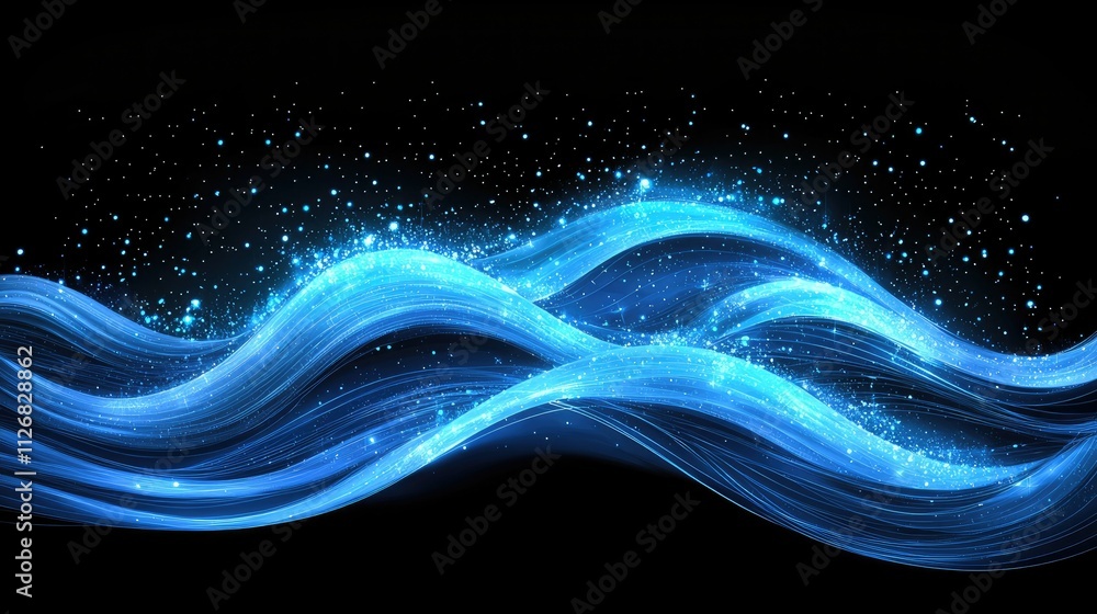 Abstract blue glowing waves with sparkles on black background. Abstract blue glowing waves with sparkles on black background.