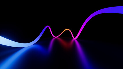 3d render of a vibrant, abstract representation of light waves in various neon colors against a dark background. Synthwave style music equalizer. Visualization of fluctuations
