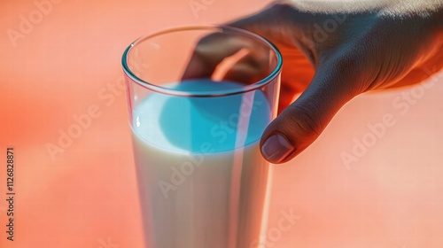 Hand holding a glass of milk against a blue sky background