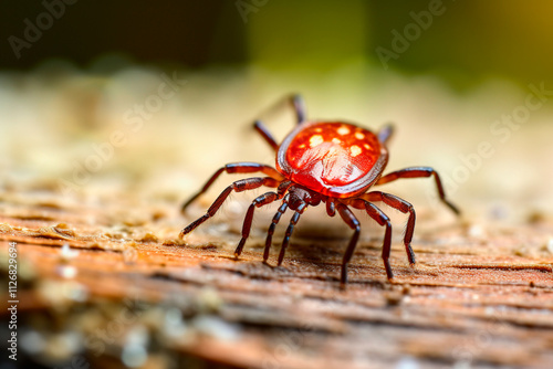 Tick in macro photography on a surface, emphasizing pest-related diseases and health risks. photo