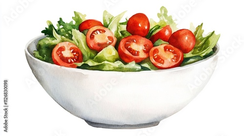 Vibrant Salad of Fresh Greens and Ripe Cherry Tomatoes in White Bowl on Isolated Background