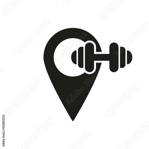 Fitness Center Or Gym Location. Location Pin With Dumbbell Silhouette Icon. Isolated Vector Illustration