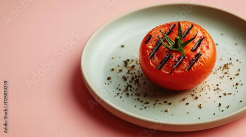 A plate with one grilled tomato and herbs