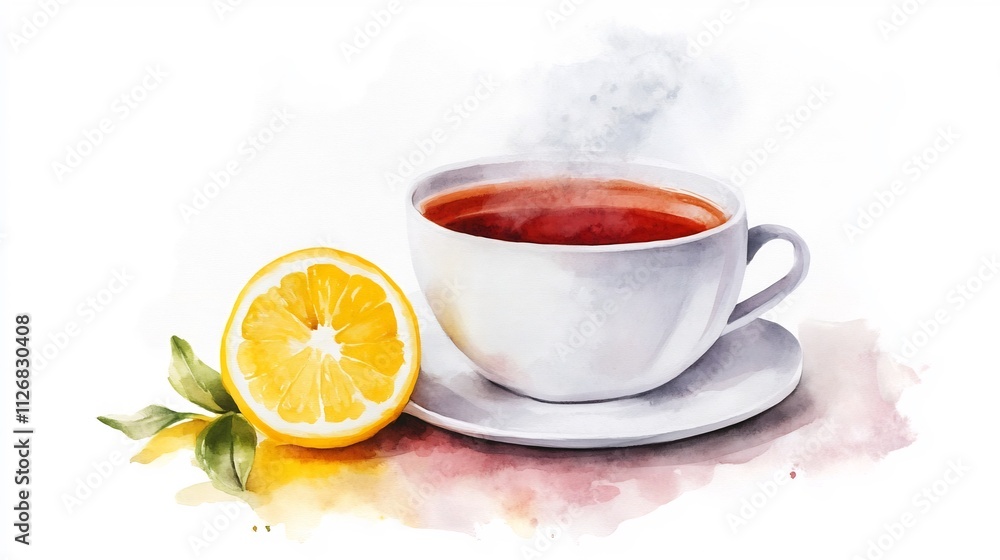 Steaming Watercolor Cup of Tea with Lemon Slice on White Background Steaming Watercolor Cup of Tea with Lemon Slice on White Background