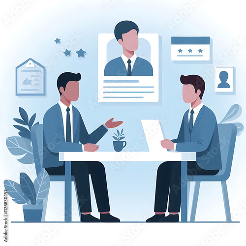 Prospective employee is interviewed for employment with professionals in business attire in an office setting. Memphis style vector illustration.