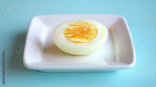 Boiled egg on a white plate on a pastel blue background