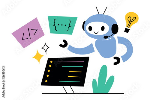 Cartoon robot writing code, programming software, artificial intelligence assisting developers. Futuristic technology concept, doodle icons. Vector illustration in flat, and cartoon style