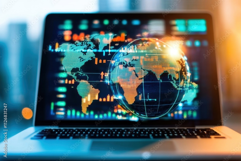 A globe symbolizing global trade and economic growth overlays an open laptop.