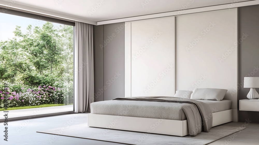 Fototapeta premium Serene Modern Bedroom with Sliding Doors Overlooking Lush Flower Garden