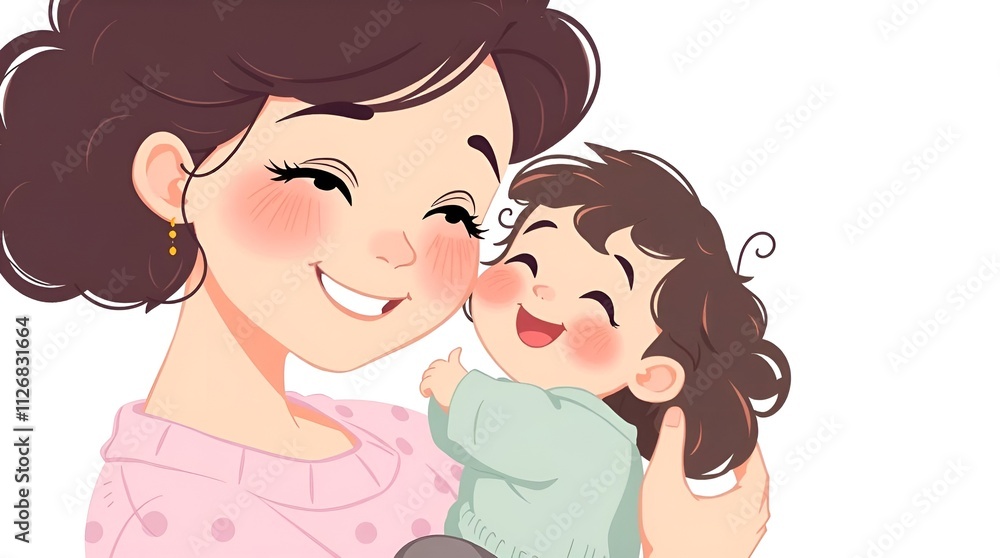 mother and child smiling joyfully in a cartoon style with white background mother and child smiling joyfully in a cartoon style with white background