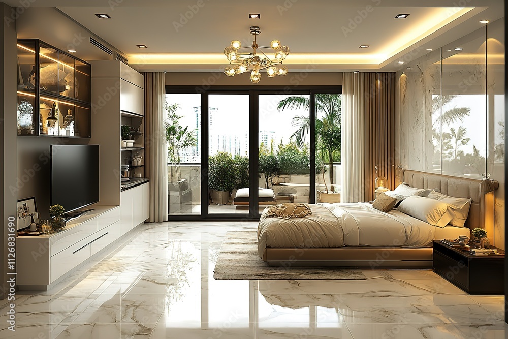 A large bedroom with a white bed, a white dresser, and a white television A large bedroom with a white bed, a white dresser, and a white television