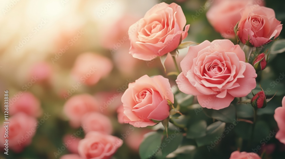 Pink Roses in the Golden Hour: A captivating close-up showcasing a cluster of delicate pink roses bathed in the warm glow of the setting sun. Pink Roses in the Golden Hour: A captivating close-up showcasing a cluster of delicate pink roses bathed in the warm glow of the setting sun.