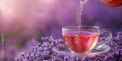 Pouring hot tea into a cup against a lavender-colored background, evoking a relaxing and traditional tea-drinking ceremony.