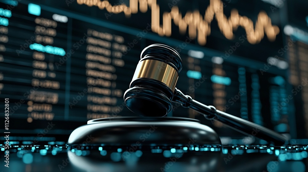 Gavel situated amidst high tech market digital displays representing the intersection of law finance and technology in making crucial decisions and judgments Gavel situated amidst high tech market digital displays representing the intersection of law finance and technology in making crucial decisions and judgments