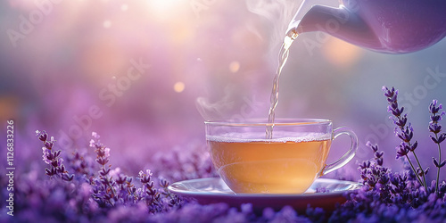 Pouring hot tea into a cup against a lavender-colored background, evoking a relaxing and traditional tea-drinking ceremony.