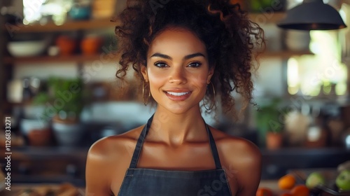 A woman with curly hair is smiling in a kitchen