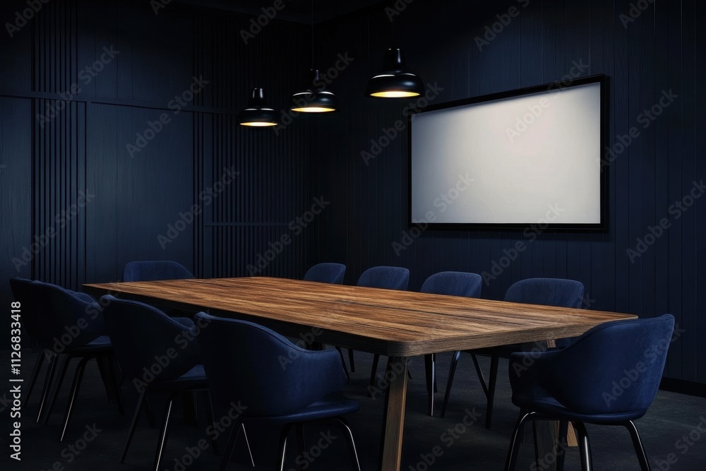 A vacant meeting room features a blank screen. A vacant meeting room features a blank screen.