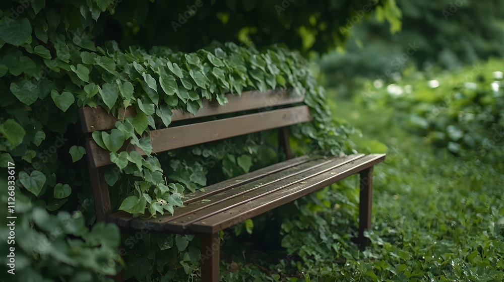 A Forgotten Wooden Bench Covered in Vines in a Lush Green Setting, Evoking a Sense of Abandonment and Nature's Reclamation of Man-Made Structures A Forgotten Wooden Bench Covered in Vines in a Lush Green Setting, Evoking a Sense of Abandonment and Nature's Reclamation of Man-Made Structures