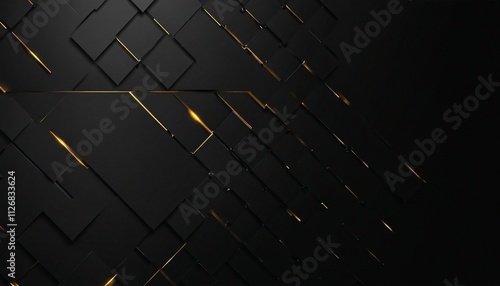 Luxury hexagonal abstract black metal background with golden light lines. Dark 3d geometric texture