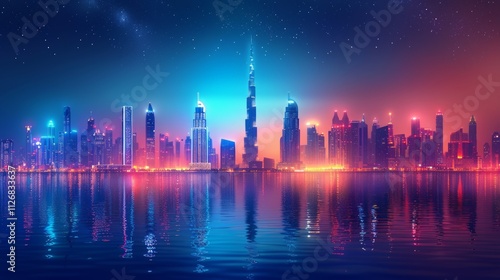 Neon-lit cityscape at night, reflected in calm water.