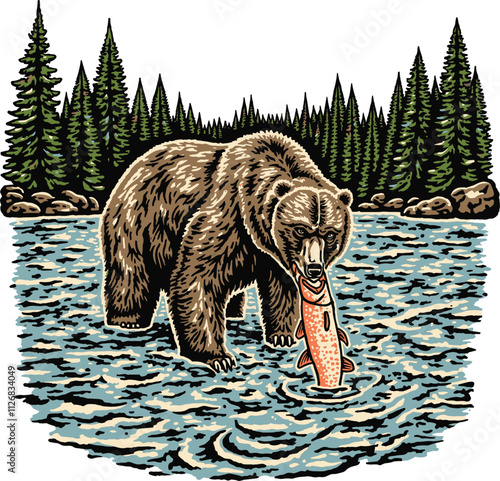 Bear eating a salmon vintage illustration