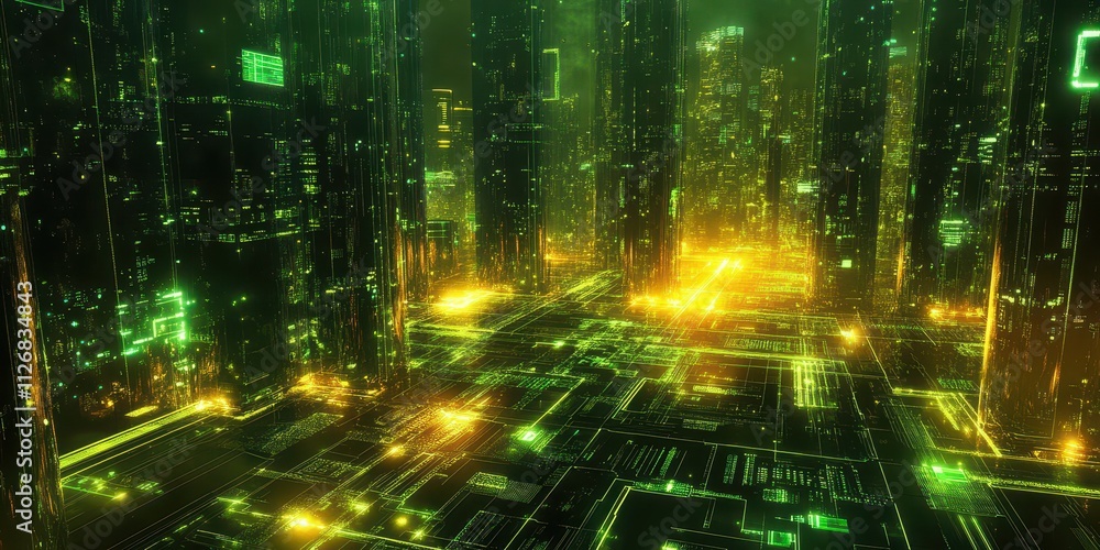 Fototapeta premium A futuristic data center illuminated by glowing green and yellow circuits and holographic nodes.