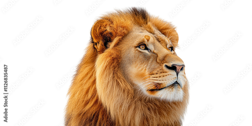 Fototapeta premium Majestic lion portrait facing right isolated on transparent background