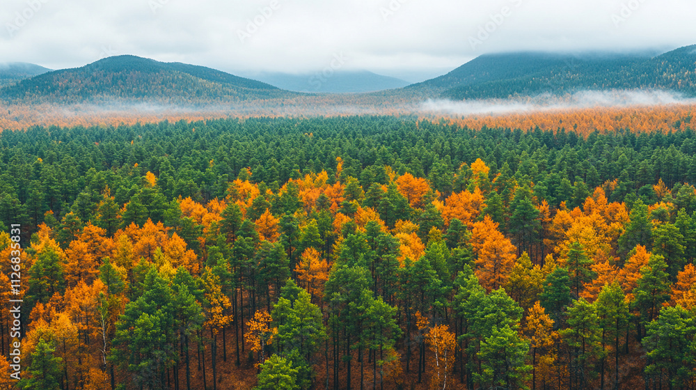 Aerial view of a dense autumn forest blanketed by fog, creating a serene and mystical atmosphere. The vibrant foliage of red, orange, and gold symbolizes transformation, renewal, and the beauty of cha Aerial view of a dense autumn forest blanketed by fog, creating a serene and mystical atmosphere. The vibrant foliage of red, orange, and gold symbolizes transformation, renewal, and the beauty of cha