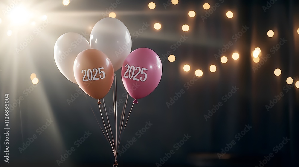 Obraz premium Colorful balloons floating in a gradient background, illuminated by soft light, creating a cheerful and festive atmosphere for celebrations and events.