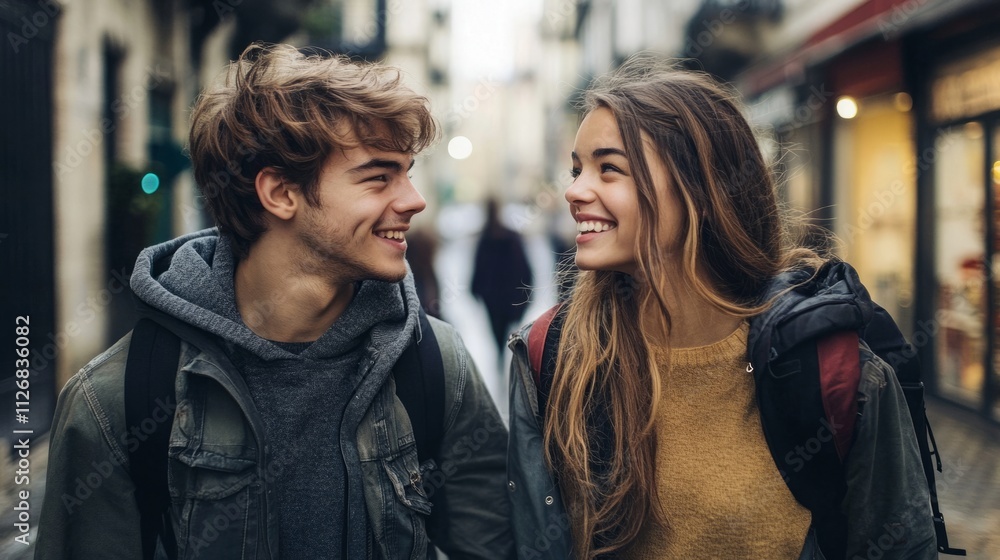 Picture showing young couple on date in the city Picture showing young couple on date in the city
