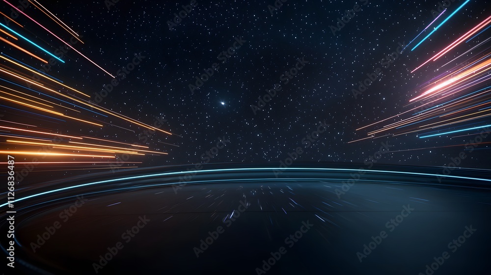 Obraz premium Futuristic Spaceship Concept with Dynamic Background Featuring Vibrant Light Trails, Stars, and a Cosmic Atmosphere for Science Fiction and Adventure Themes
