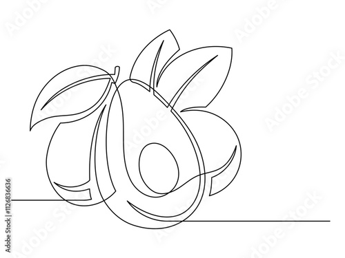 Continuous one line avocado with leaf isolated on white background. Simple silhouette of fruit. Hand drawn avocado outline. Vector illustration